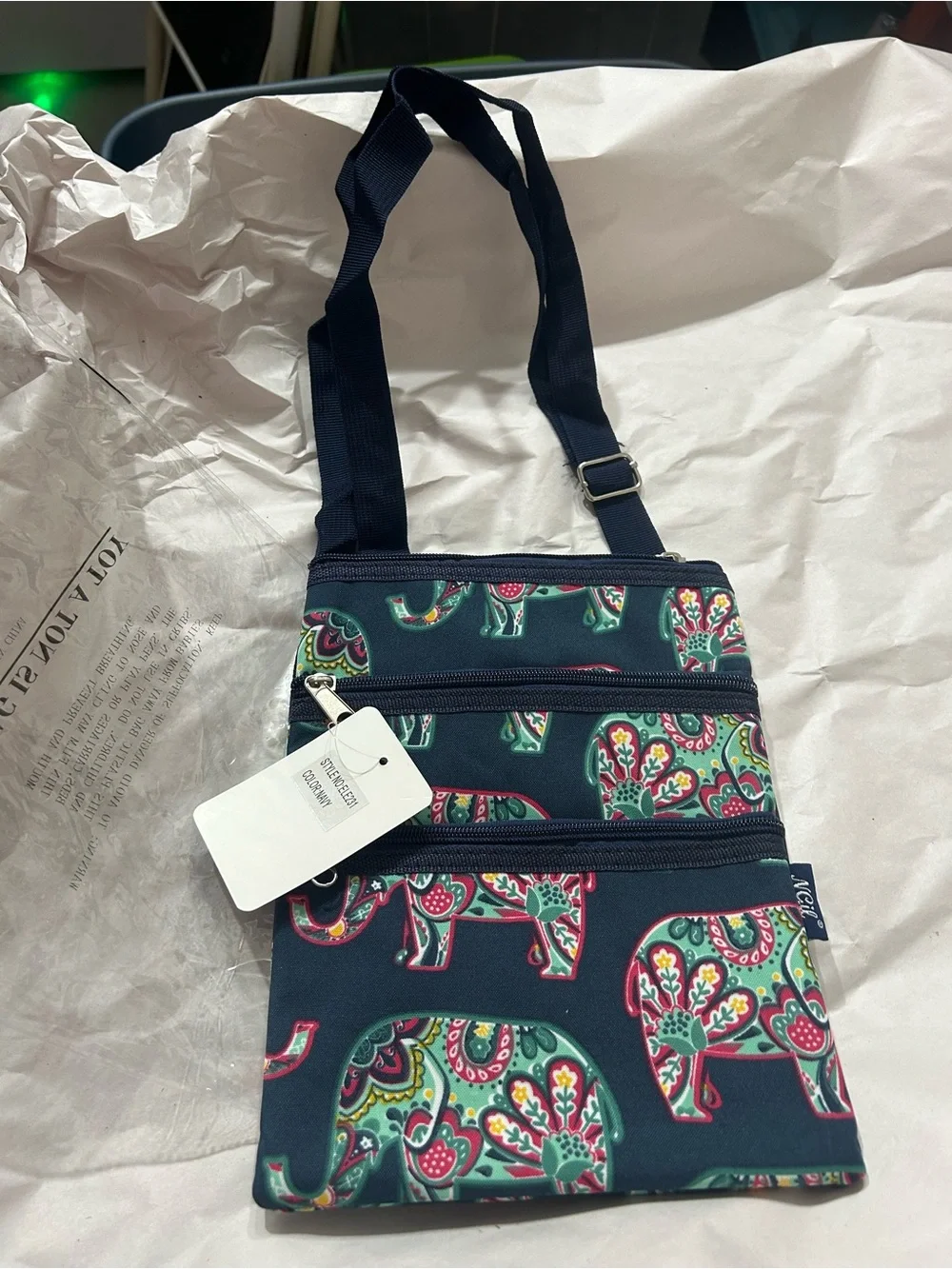 Navy Elephant Print Triple Zip Women’s crossbody